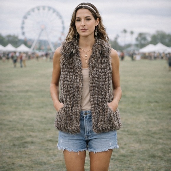 Olive + Oak Jackets & Blazers - Olive Oak Faux Fur Vest Women XS Soft Mauve‎ Brown Boho Festival Shag LV5F9476